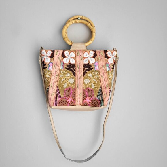 NWOT RARE Bueno Floral Embroidered Sequins Bamboo Handles Boho Satchel - Picture 4 of 11